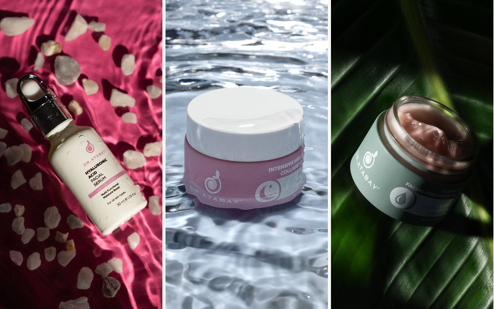 Hyaluronic acid serum, collagen night cream and hydrating mask